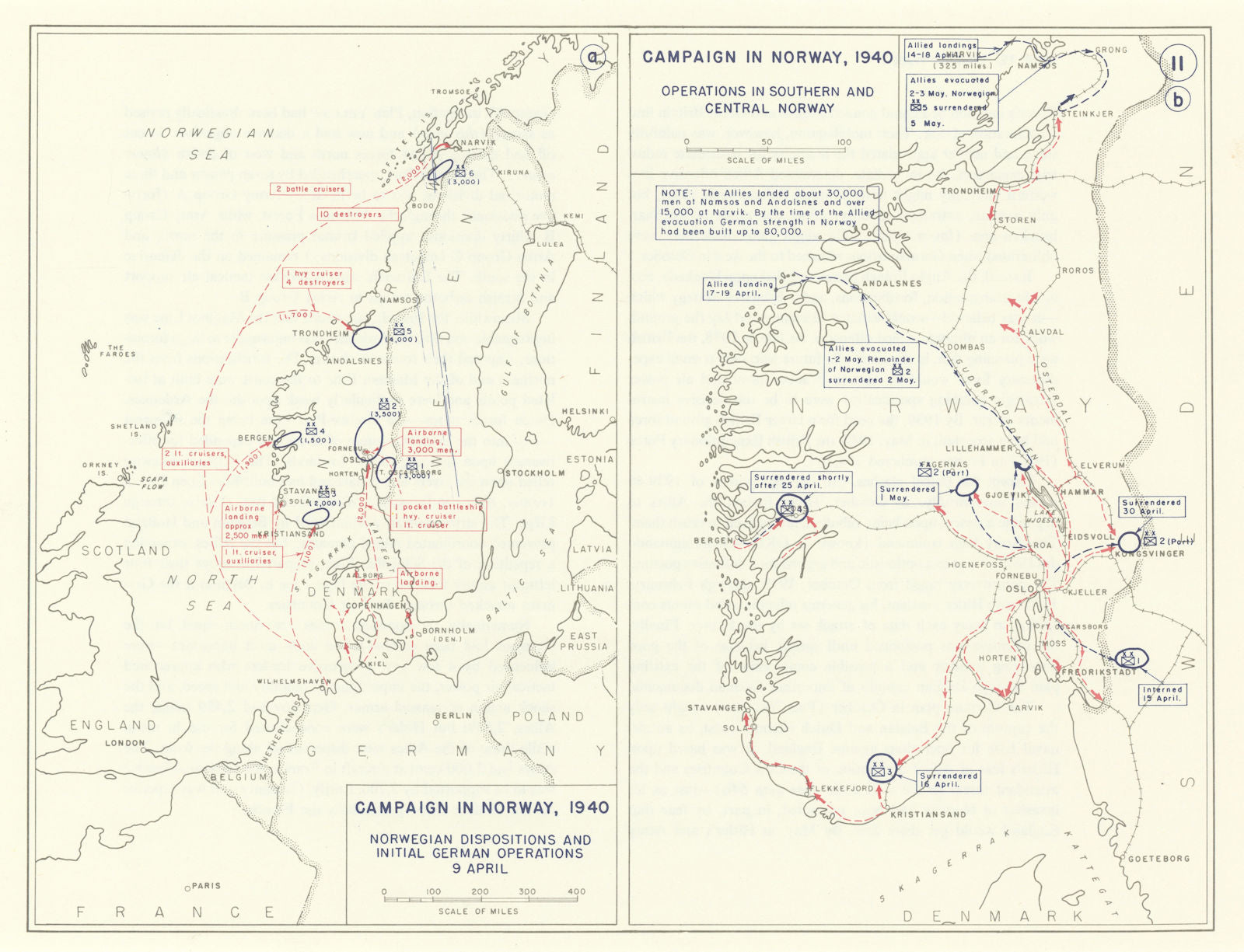 World War 2. Norway Campaign 1940. Norwegian Dispositions. German Ops 1959 map